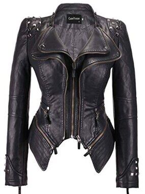 🆕 Women's Fashion Studded Perfectly Shaping Faux Leather Biker Jacket